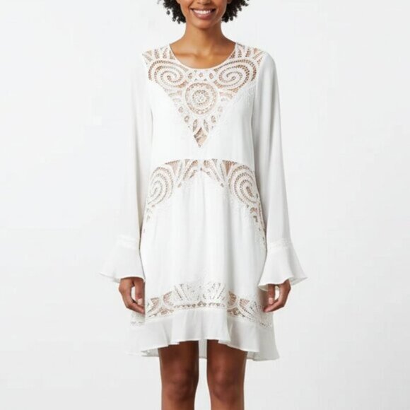 For Love and Lemons Valentina Mini Dress Lace  Flare Sleeve Lace Crochet White - Picture 2 of 16